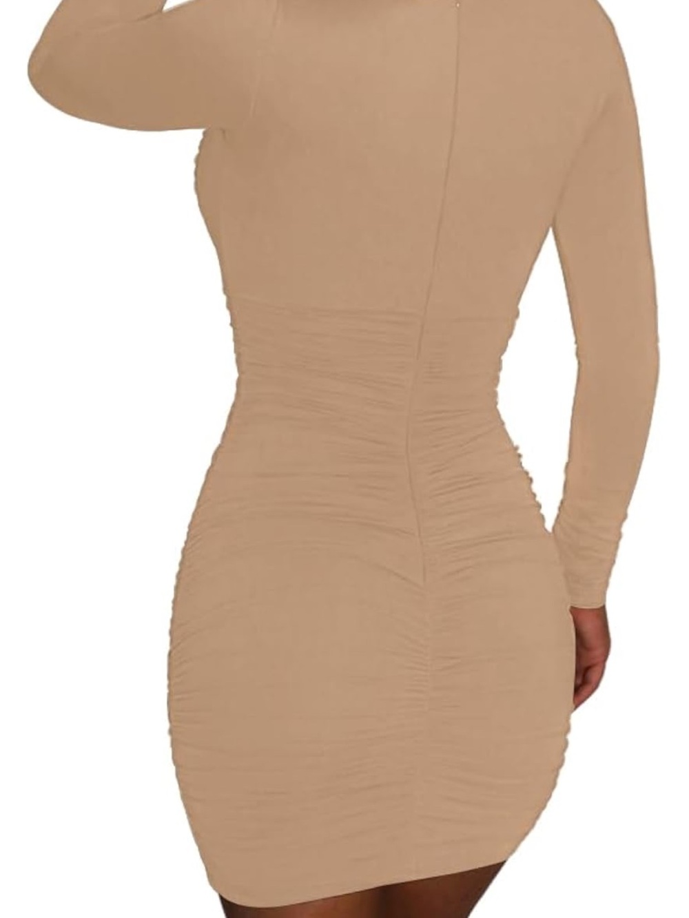 Amazon Tan Long Sleeve Ruched Bodycon Mini Dress